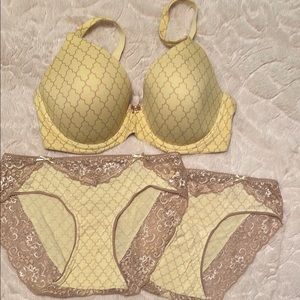 Soma Embraceable Bra 34DD & 2 Pairs Lace Hipster Panties Yellow